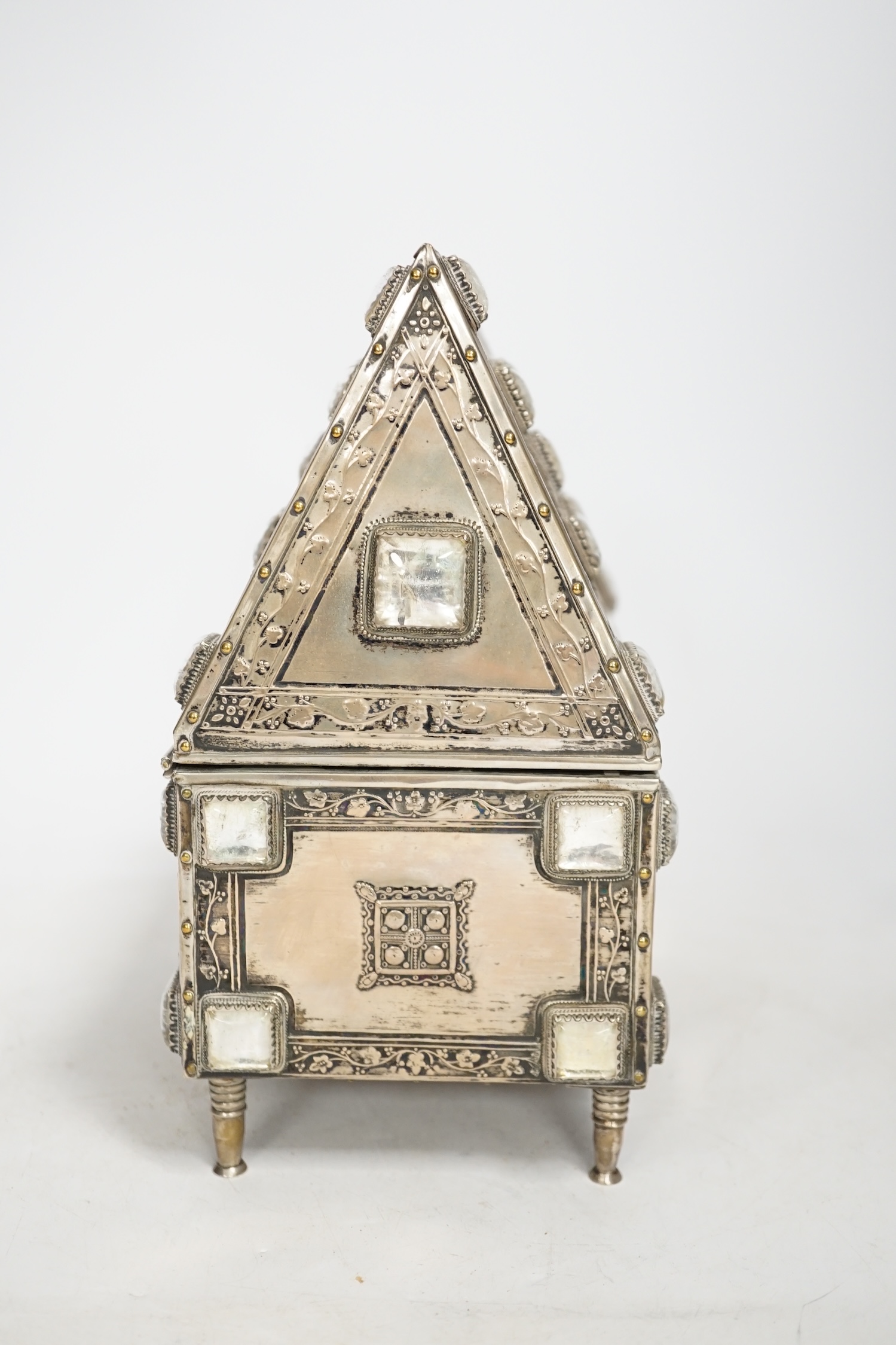 An early 20th century German 800 standard white metal and rock crystal? set trinket box, by Steinicken & Luhr, of house form, height 20.7cm.